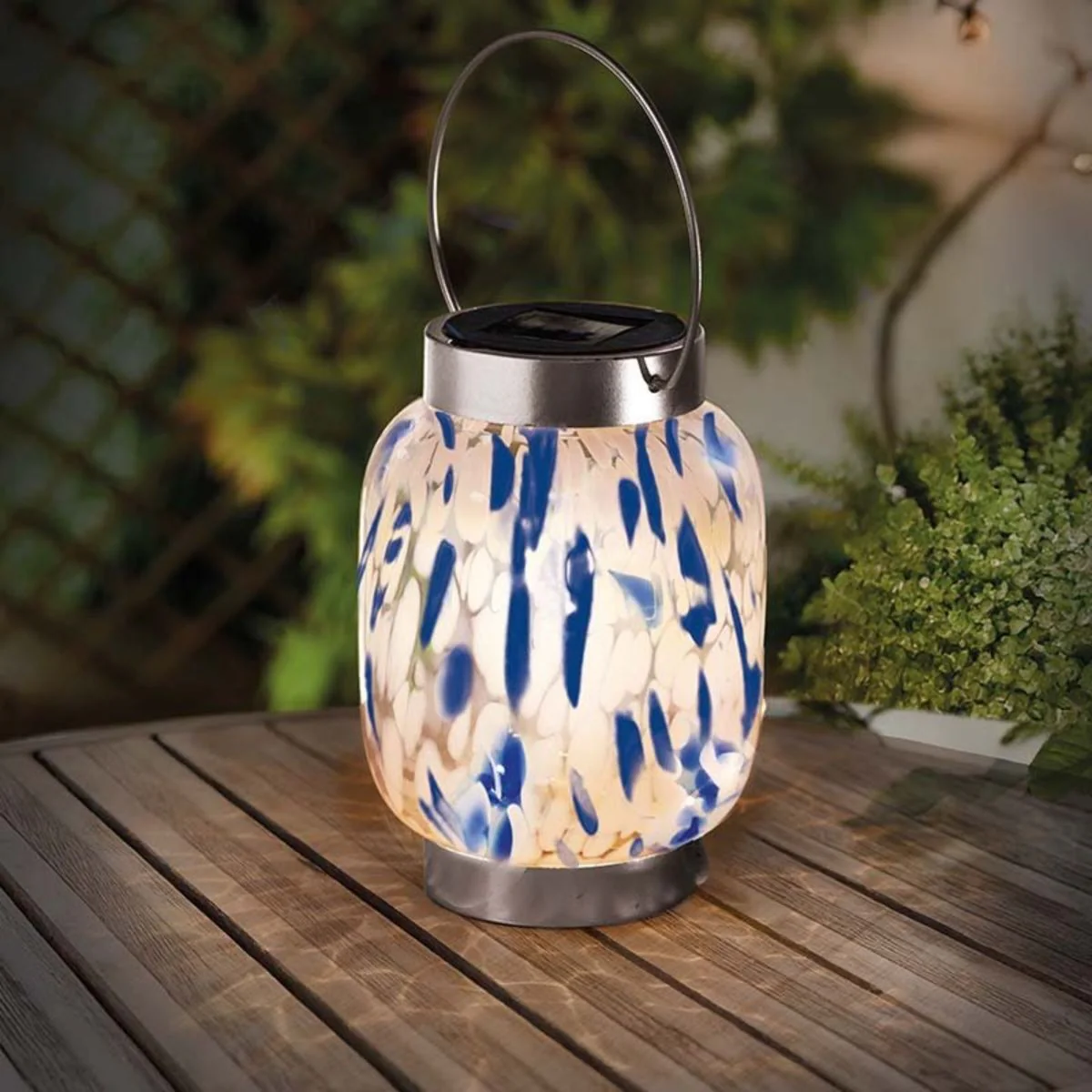 Blue & White GlassArt Solar Lantern, POS 6