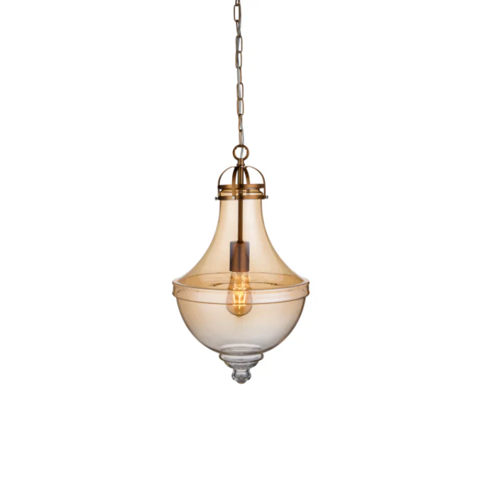 Cairo 1 Light Ceiling Pendant Light, Satin Bronze, Amber Glass