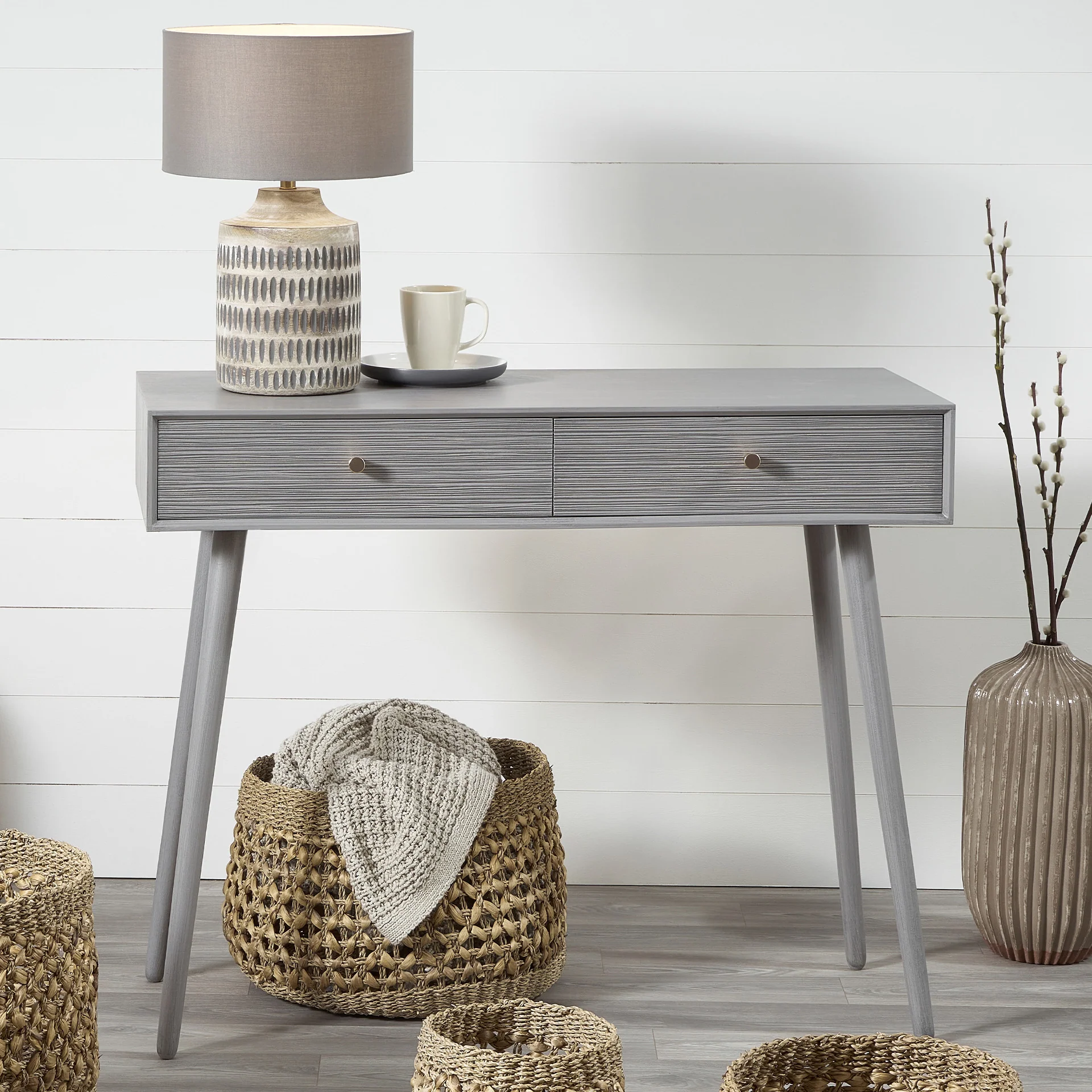 Chaya Dark Grey Pine Wood 2 Drawer Console Table - Image 3
