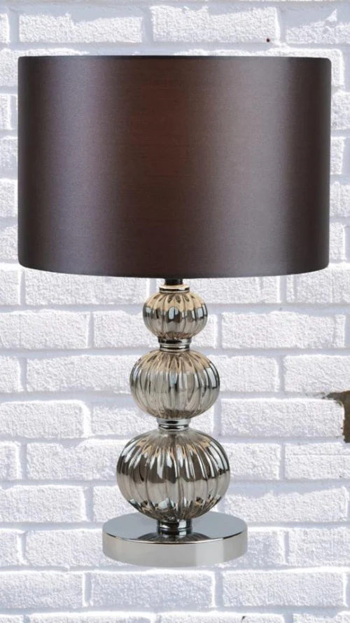 Chrome Stacked Table Lamp, Smokey Glass with Grey Faux Silk Shade - Image 2