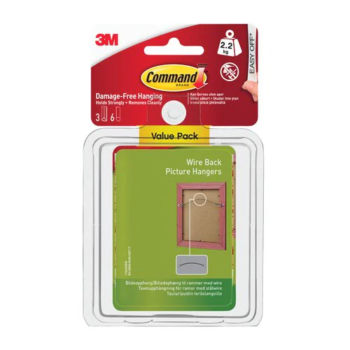3M Command Wire Back Picture Hanging Hooks Value Pk with Water Resist Strips Large 3HK+6S