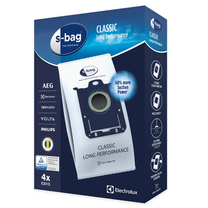 E201S s Vacuum Cleaner Bags Pack of 4 Classic Long Performance - Electrolux, AEG, Tornado, Volta, Philips