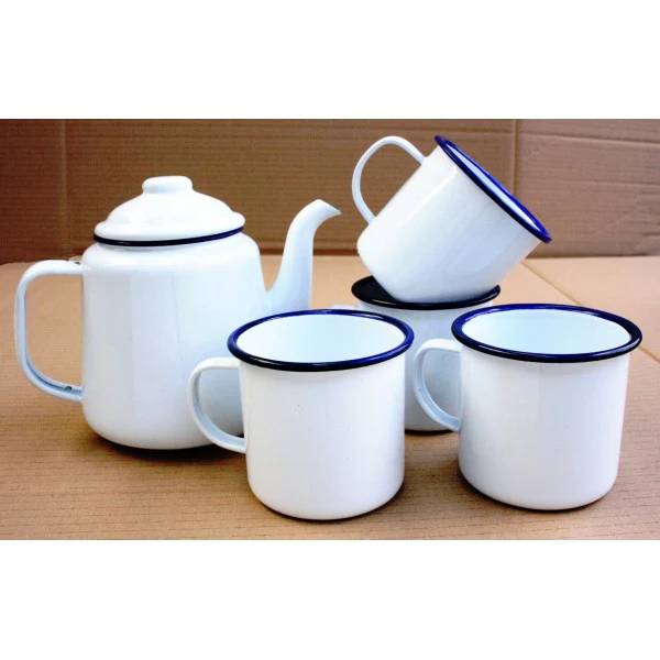 Enamel Falcon White Tea Pot with Blue Rim - Image 2