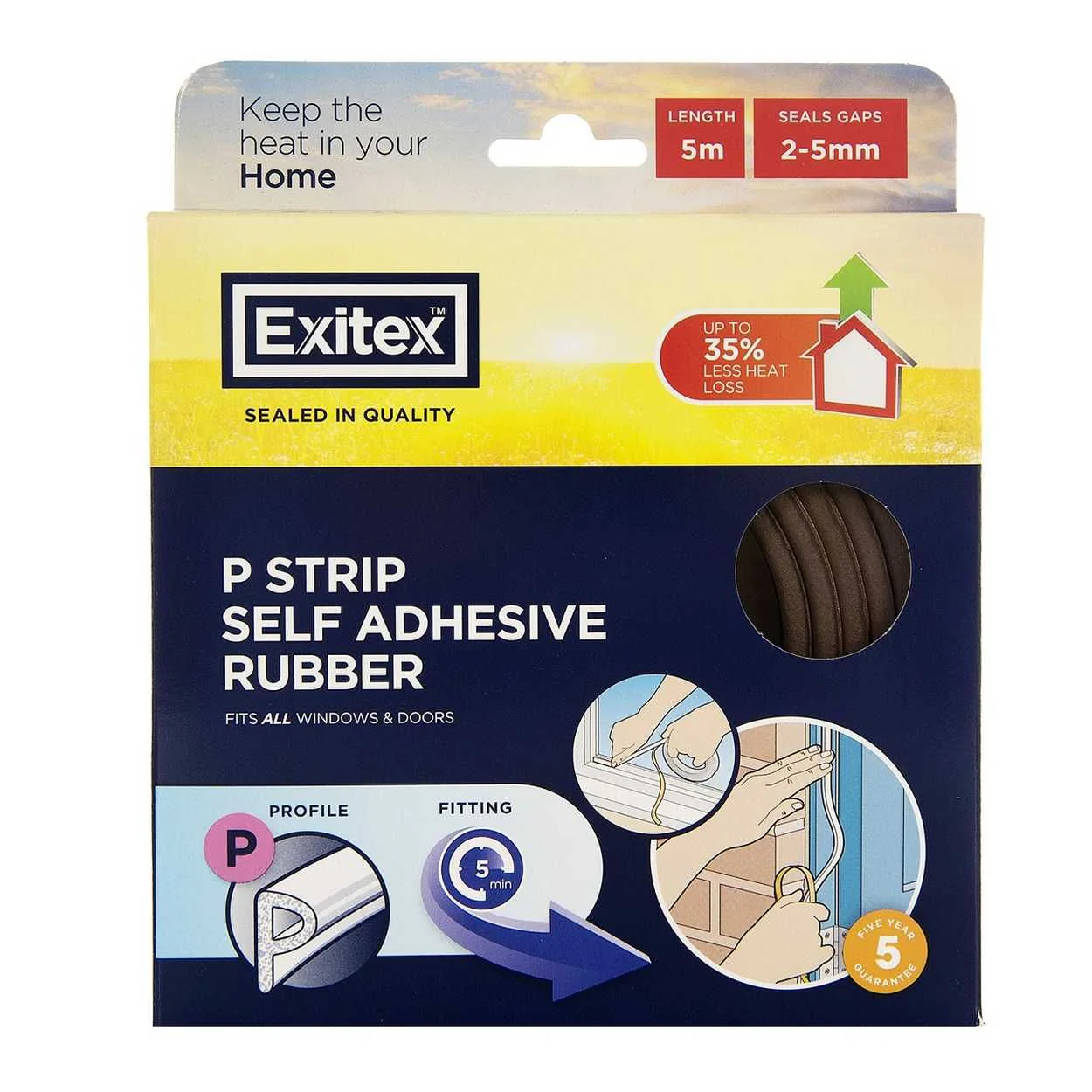 Exitex Self Adhesive Rubber Draught Excluder P Strip 5M - Brown