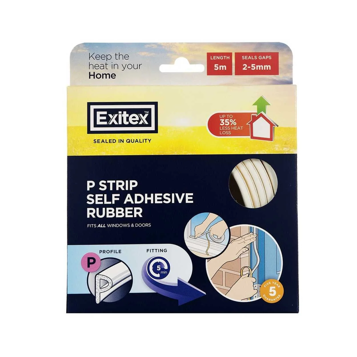 Exitex Self Adhesive Rubber Draught Excluder P Strip 5M - White