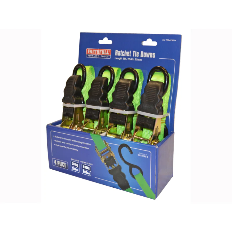 Faithfull 4 Piece 5m Green Ratchet Tie Down Set - Image 2