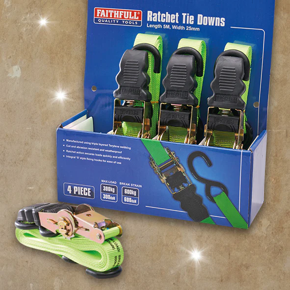 Faithfull 4 Piece 5m Green Ratchet Tie Down Set - Image 3