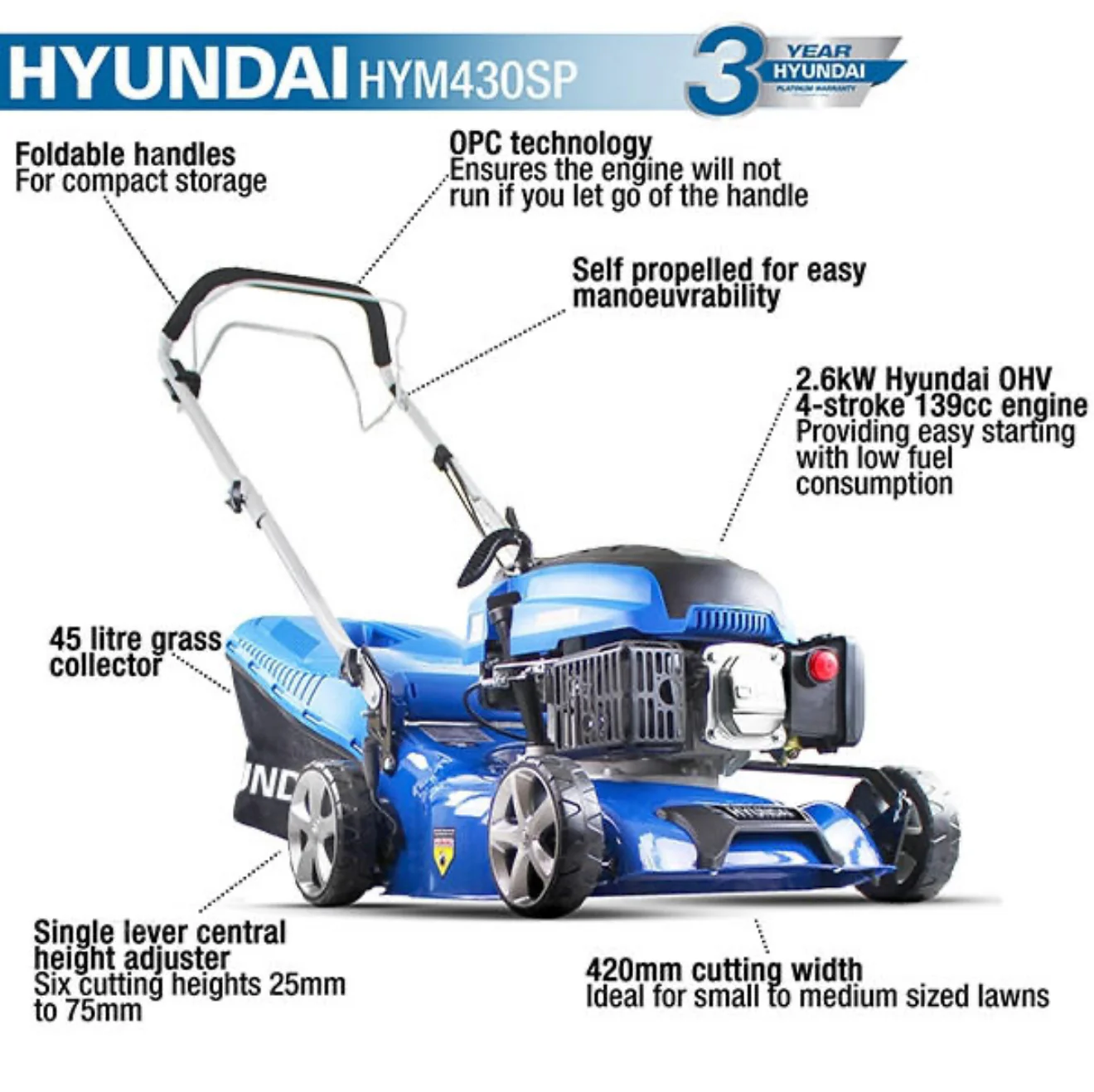Hyundai 17" Self Propelled Lawnmower 139cc - Image 3
