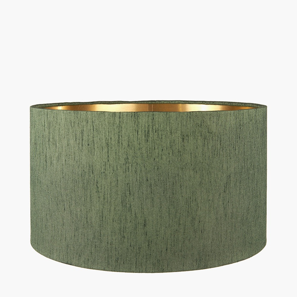 Langston Satin Brass Metal Column Table Lamp Base with Stellan 40cm Green Slubbed Silk Mix Gold Lined Cylinder Lampshade - Image 3