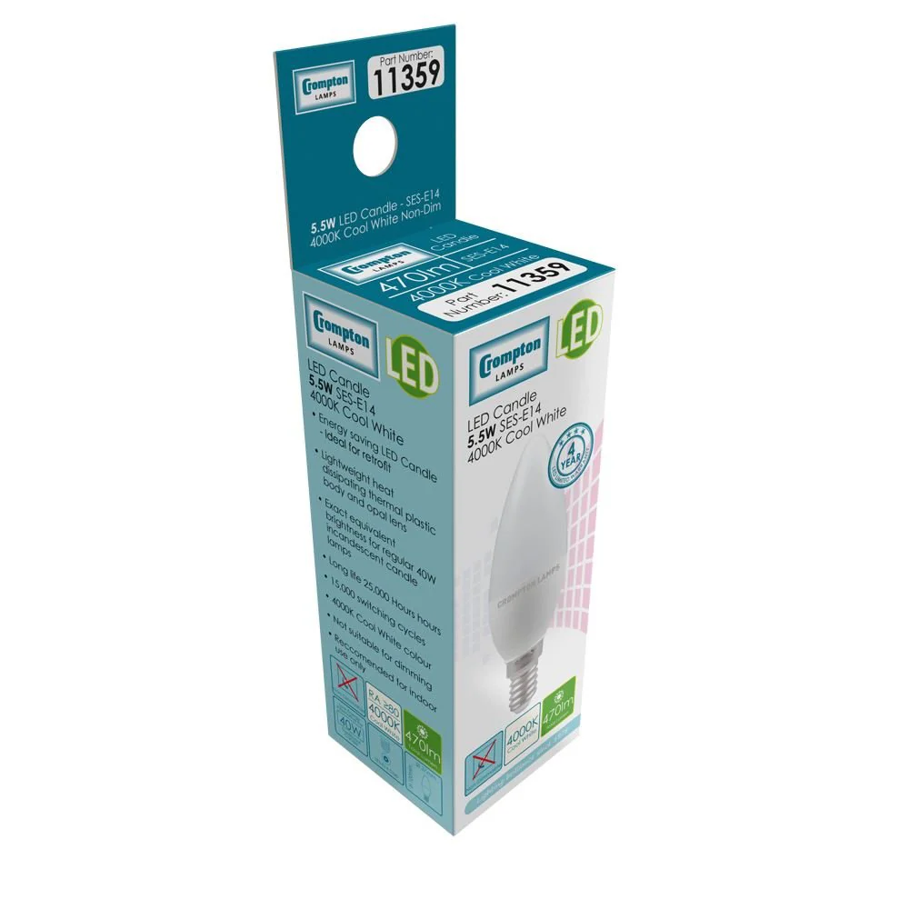 Crompton 5.5W LED Candle SES-E14 Cool White Light Bulb - Image 2