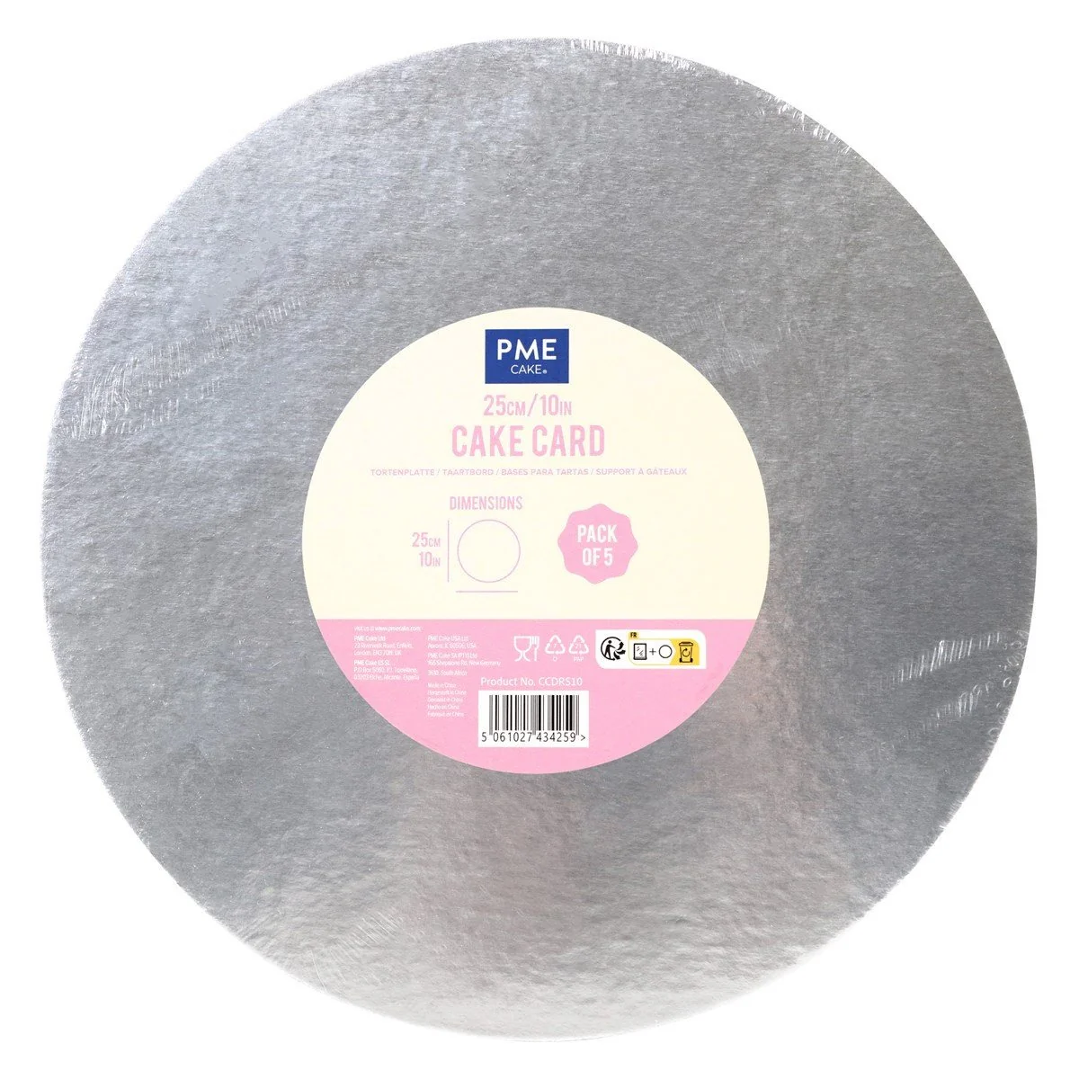 Pack of 5 Round Cake Cards, Silver (10" / 25cm)