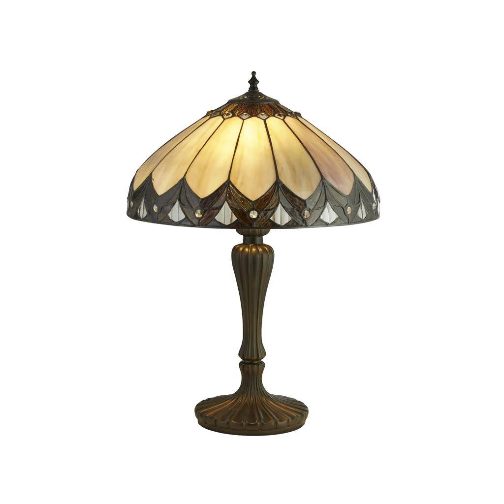 PEARL TABLE LAMP - ANTIQUE BRASS & STAINED GLASS