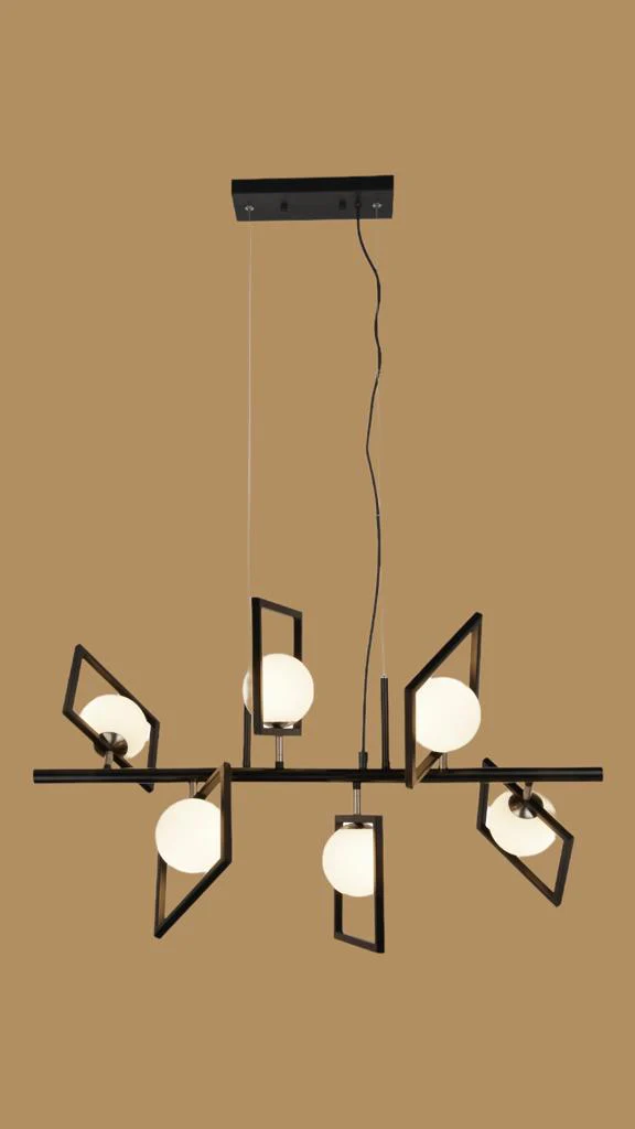 ROSEWELL 6 LIGHT CEILING PENDANT - MATT BLACK & OPAL - Image 2