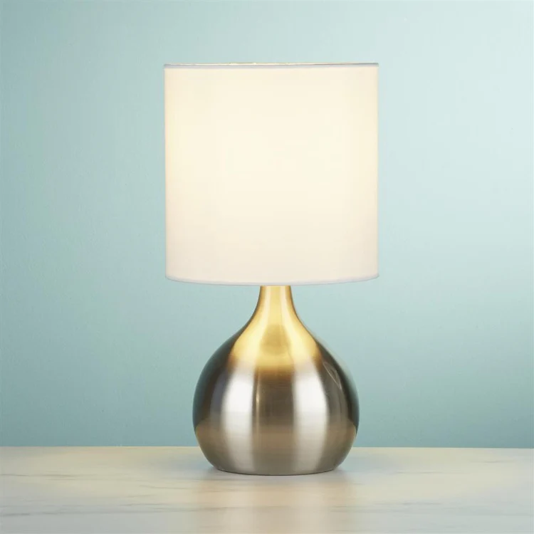 SATIN SILVER TOUCH TABLE LAMP WITH WHITE FABRIC SHADE - Image 2